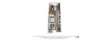 A 3D floor plan of a small apartment with a kitchen, living room, and bathroom.