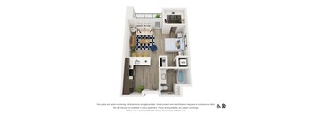 A 3D floor plan of a small apartment with a kitchen, living room, and bathroom.