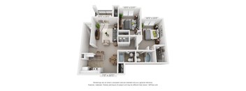 A 3D floor plan of a house with a living room, kitchen, dining room, and two bedrooms.