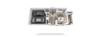 A 3D floor plan of a house with a living room, kitchen, and two bedrooms.