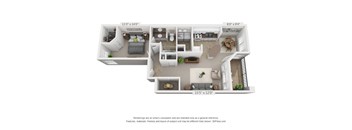 A 3D floor plan of a two-bedroom apartment with dimensions and a disclaimer at the bottom.