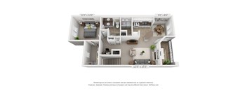 A 3D floor plan of a small apartment with a kitchen, living room, and two bedrooms.