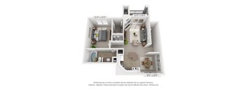 A 3D floor plan of a house with a kitchen, living room, and bathroom.
