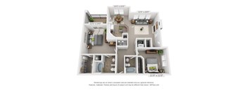 A 3D floor plan of a house with a living room, kitchen, dining room, and bathrooms.