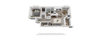A 3D floor plan of a small apartment with a kitchen, living room, and bedroom.