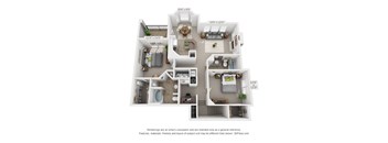 A 3D floor plan of a house with a living room, kitchen, dining room, and two bedrooms.