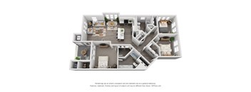 A 3D floor plan of a house with multiple rooms and furniture.
