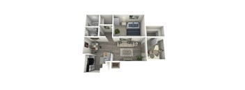 A 3D floor plan of a small apartment with a kitchen, living room, and bedroom.