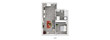 A top down view of a bedroom with a bed, nightstand, and chair.