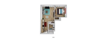 A top down view of a small apartment with a bedroom, living room and kitchen.