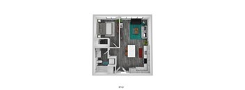 A top down view of a small apartment with a kitchen, living room, and bathroom.