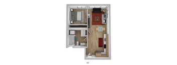 A top down view of a C2 sized room with furniture.