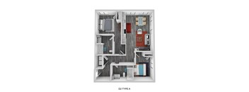 A 3D floor plan of a D2 type A apartment.