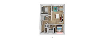 A top down view of a small apartment with a kitchen, living room, and bedroom.
