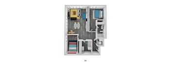 A top down view of a small apartment with a bedroom, living room, and kitchen.