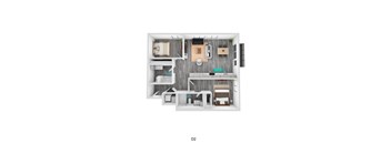 A top-down view of a small apartment layout with a kitchen, living room, and bedroom.