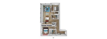 A 3D floor plan of a small apartment with a kitchen, living room, and bedrooms.