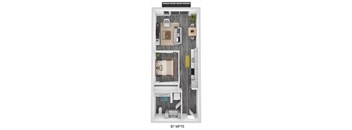 A top-down view of a small apartment layout.
