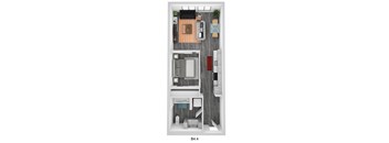 A top-down view of a small apartment layout.