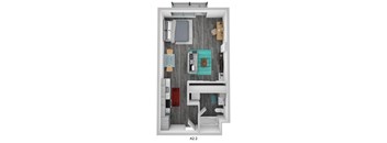 A 2.2 apartment with a bed, a desk, a chair, a couch, a table, and a cupboard.