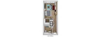 A top-down view of a small apartment layout.