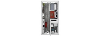 A1 is a small apartment with a bedroom, living room, and kitchen.