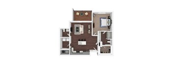 A top-down view of a small apartment with a kitchen, living room, and bedroom.