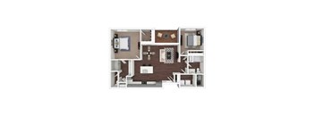 A floor plan of a small apartment with a kitchen, living room, and two bedrooms.