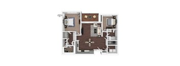 A floor plan of a small apartment with a kitchen, living room, and bedroom.