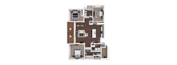 A floor plan of a small apartment with a kitchen, living room, and bedrooms.