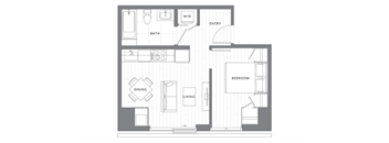 A floor plan of a small apartment with a living room, dining room, and bedroom.