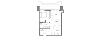 A floor plan of a house with a terrace, bedroom, bathroom, dining area, living room, kitchen, and an entry way.
