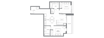 A floor plan of a house with a living room, dining room, kitchen, two bedrooms, and an entry.