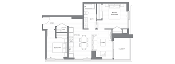 A floor plan of a house with a primary bedroom, a dining room, a kitchen, a living room, a balcony, and a bathroom.