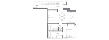 A floor plan of a house with a kitchen, dining room, living room, two bedrooms, a bathroom, and an entrance.