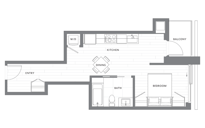 A floor plan of a house with a kitchen, dining room, bathroom, and bedroom.