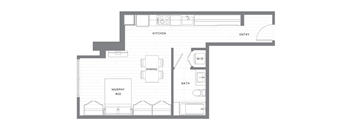 A floor plan of a house with a kitchen, dining room, bathroom, and bedroom.