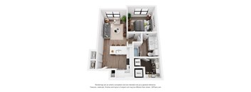 A 3D floor plan of a small apartment with a kitchen, living room, and bedroom.