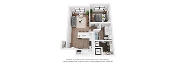 A 3D floor plan of a small apartment with a living room, kitchen, and bedroom.