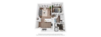 A 3D floor plan of a small apartment with a kitchen, living room, and bathroom.