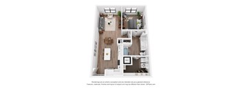 A 3D floor plan of a small apartment with a kitchen, living room, and bathroom.