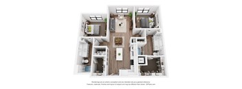 A 3D floor plan of a house with a kitchen, living room, and two bedrooms.