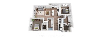 A 3D floor plan of a house with multiple rooms and furniture.