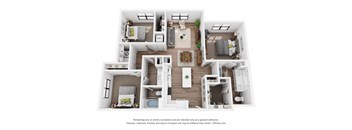 A 3D floor plan of a house with multiple rooms and furniture.