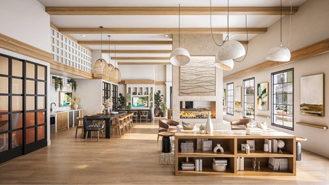 A modern kitchen with a dining table and chairs.
