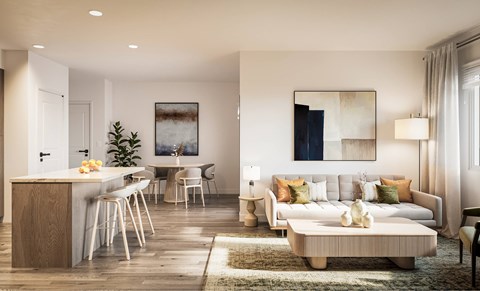 A modern living room with a bar area and a sofa.