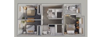 A 3D rendered image of a modern apartment layout.