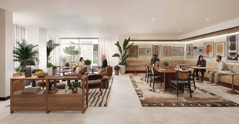A group of people are sitting and standing in a modern living room.