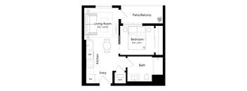 A black and white image of a floor plan for a small apartment.