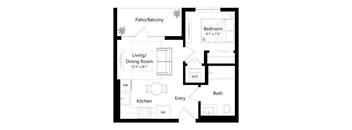 A floor plan of a small apartment with a living room, dining room, kitchen, bathroom, and bedroom.